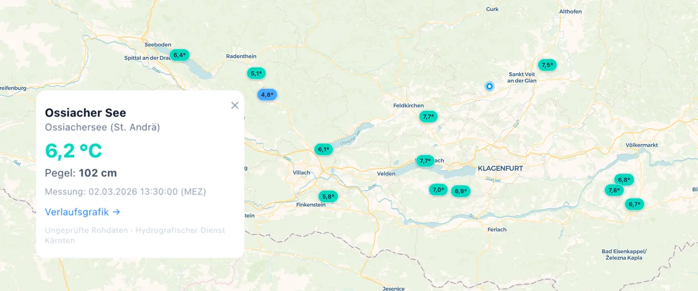 Live Wassertemperatur und Wasserstand von Kärntner Seen auf der Karte