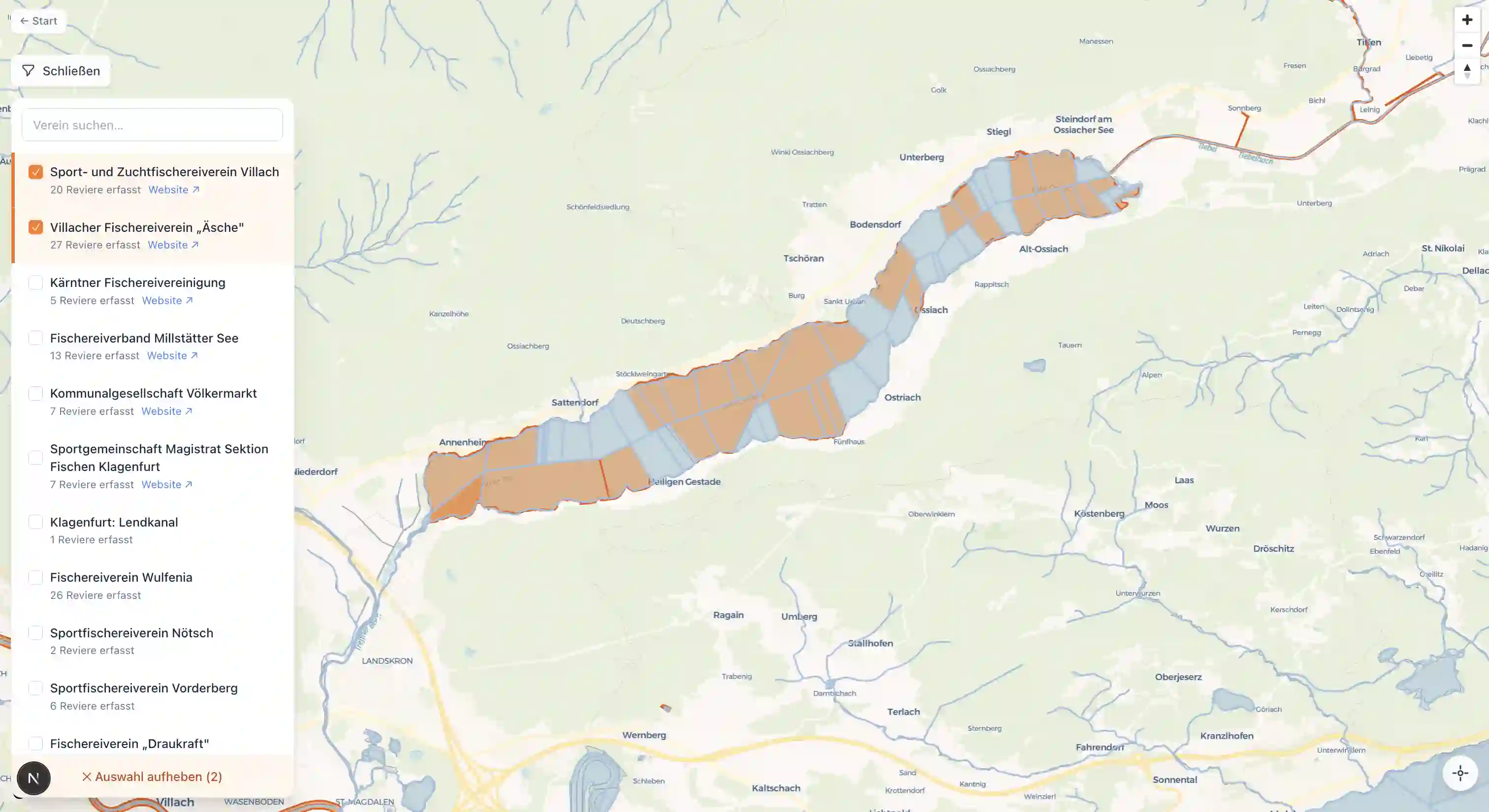 Screenshot der interaktiven Fischereikarte Kärnten